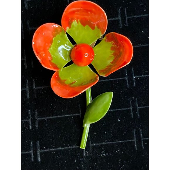 Retro Flower Brooch Orange & Green Enamel Metal Pin 2.75" - Picture 1 of 4